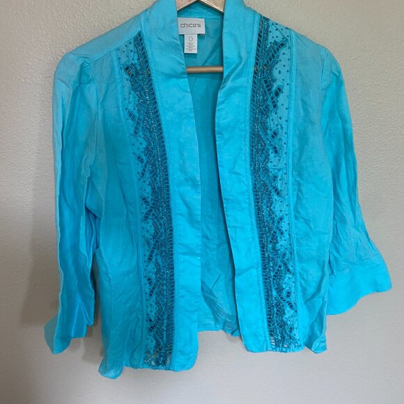 Chico's Womens Aqua Breeze Linen Beaded Open Front Coastal Beach Jacket Size S 0 - Picture 2 of 6